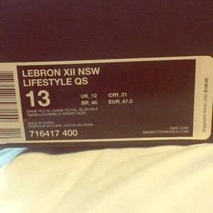 Lebron XII NSW lifestyle QS never worn size 13